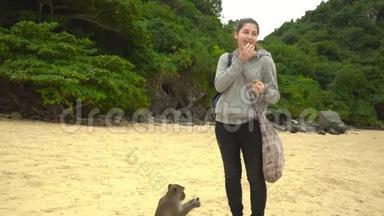 这个女孩用香蕉喂一只小猴子。 一群猴子。 可爱的小猴子吃香蕉.. 女孩模仿一个
